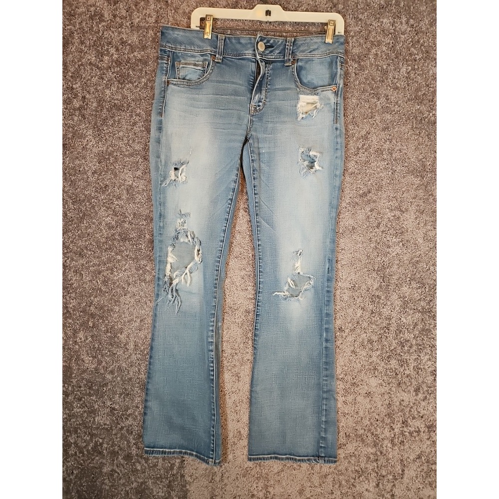 Womens American Eagle Kick Boot Super Strech Very Distressed Jeans. 12 Long